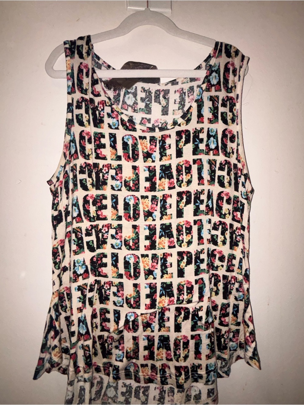 Sleeveless Floral 'LOVE PEACE' Print Tank Top - Cream Multicolor
